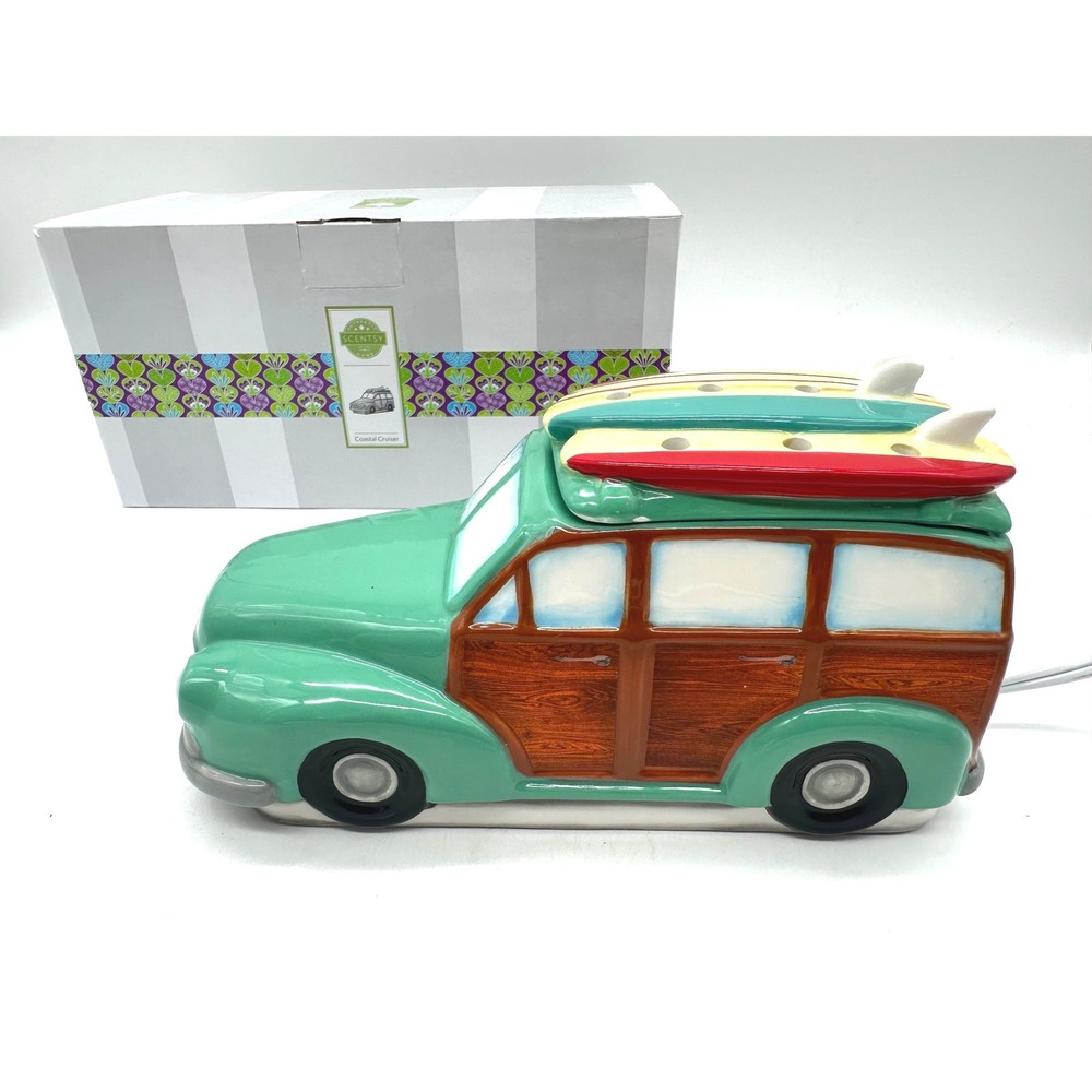 Retired Scentsy Wax Warmer Coastal Cruiser Green Woody Wagon Surfboards 47798